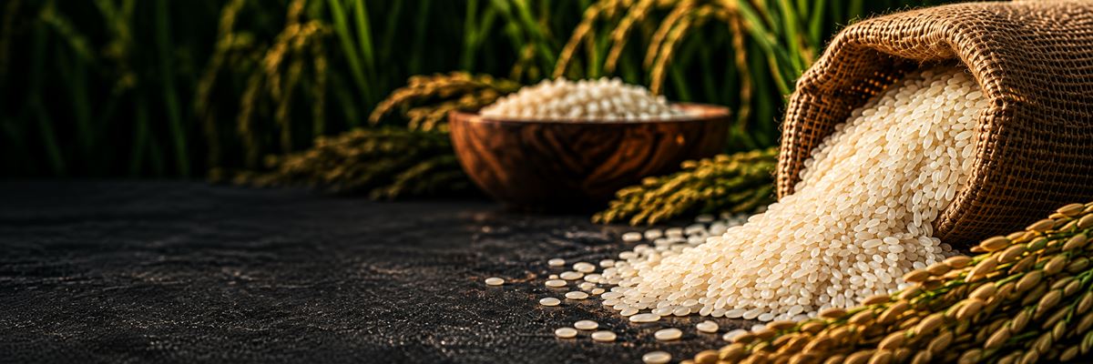 Rice spilling from a burlap sack beside golden rice stalks