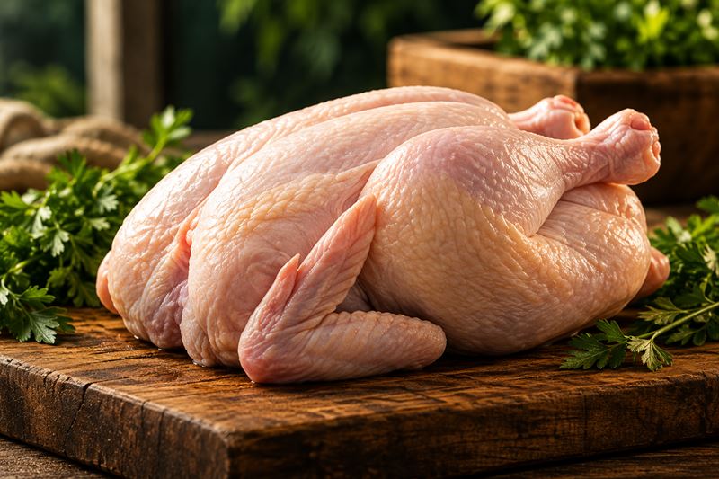 Fresh whole chicken on a rustic wooden board