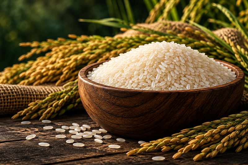 Wooden bowl of white rice surrounded by golden rice stalks