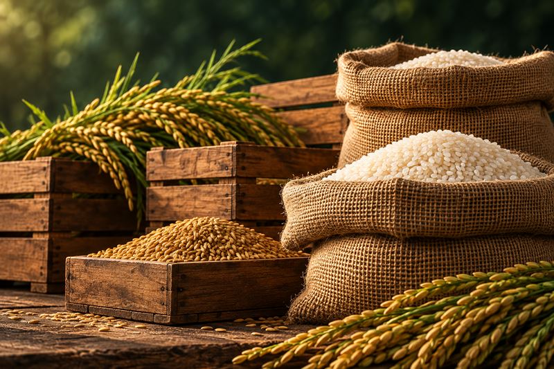 Burlap sacks of white rice and wooden crates of unhulled grain with fresh rice stalks